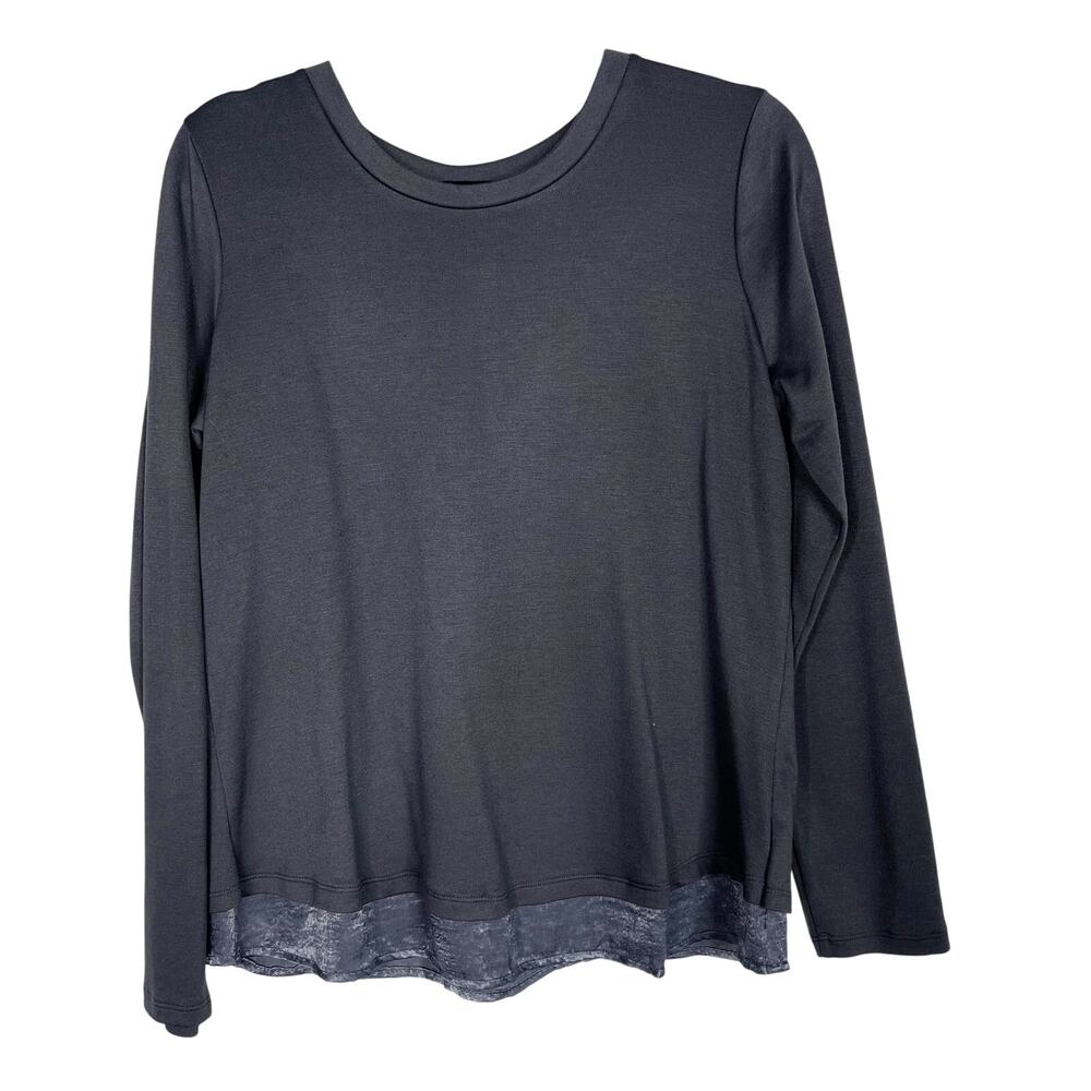 Bobeau Gray Blue MP Tie Open Back Long Sleeve Top Medium Petite Crew Neck
